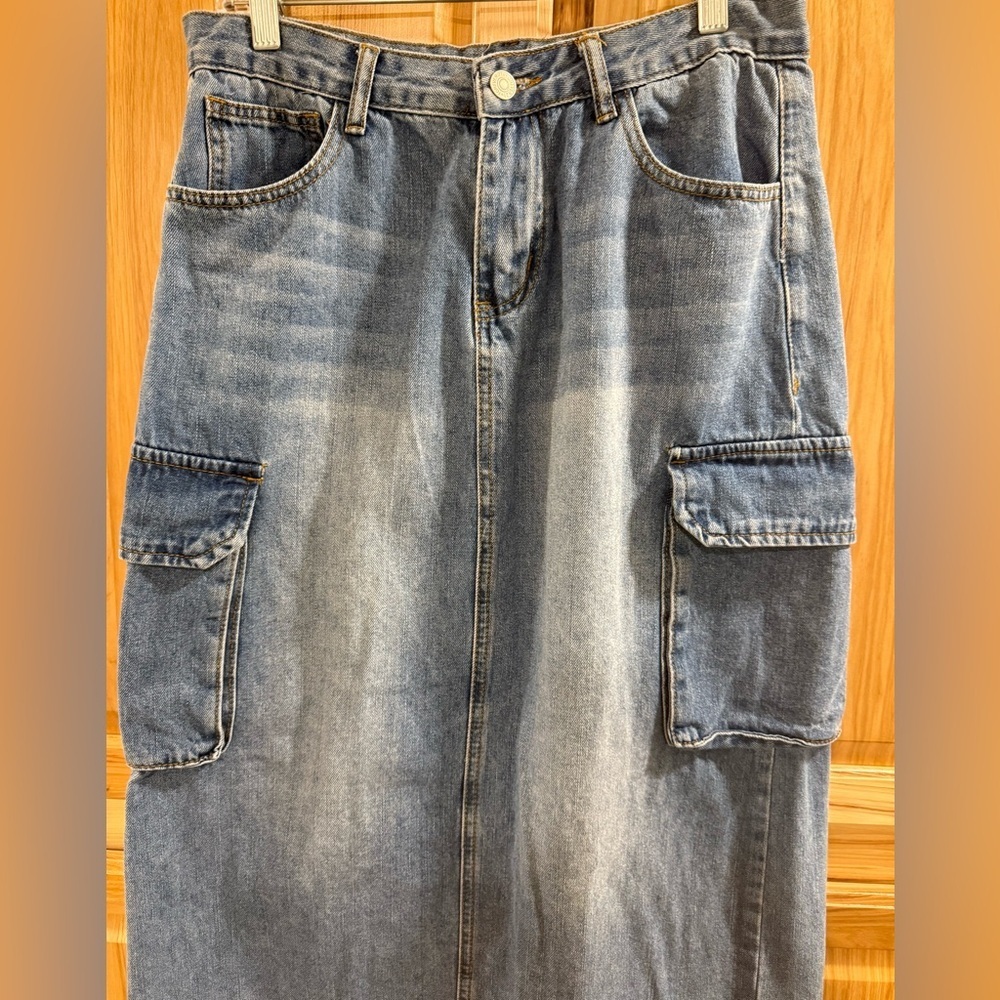 Forever 21 Y2K Classic Blue Denim Capsule Wardrobe Maxi Cargo Back Slit Skirt - Picture 4 of 12